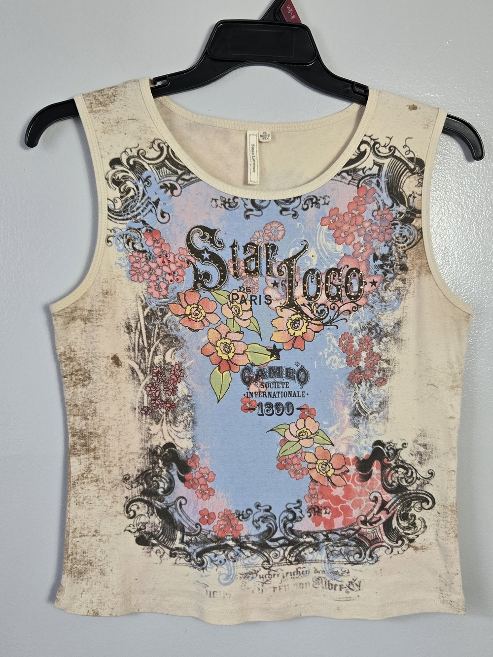Susan Lawrence Vintage Y2K Graphic Tank Top Star Logo Paris Distressed Wash XL
